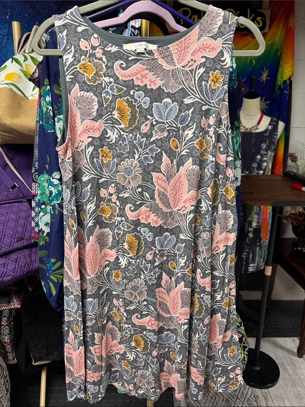 LOFT Gray Floral A-Line Dress with Pink floral Accents